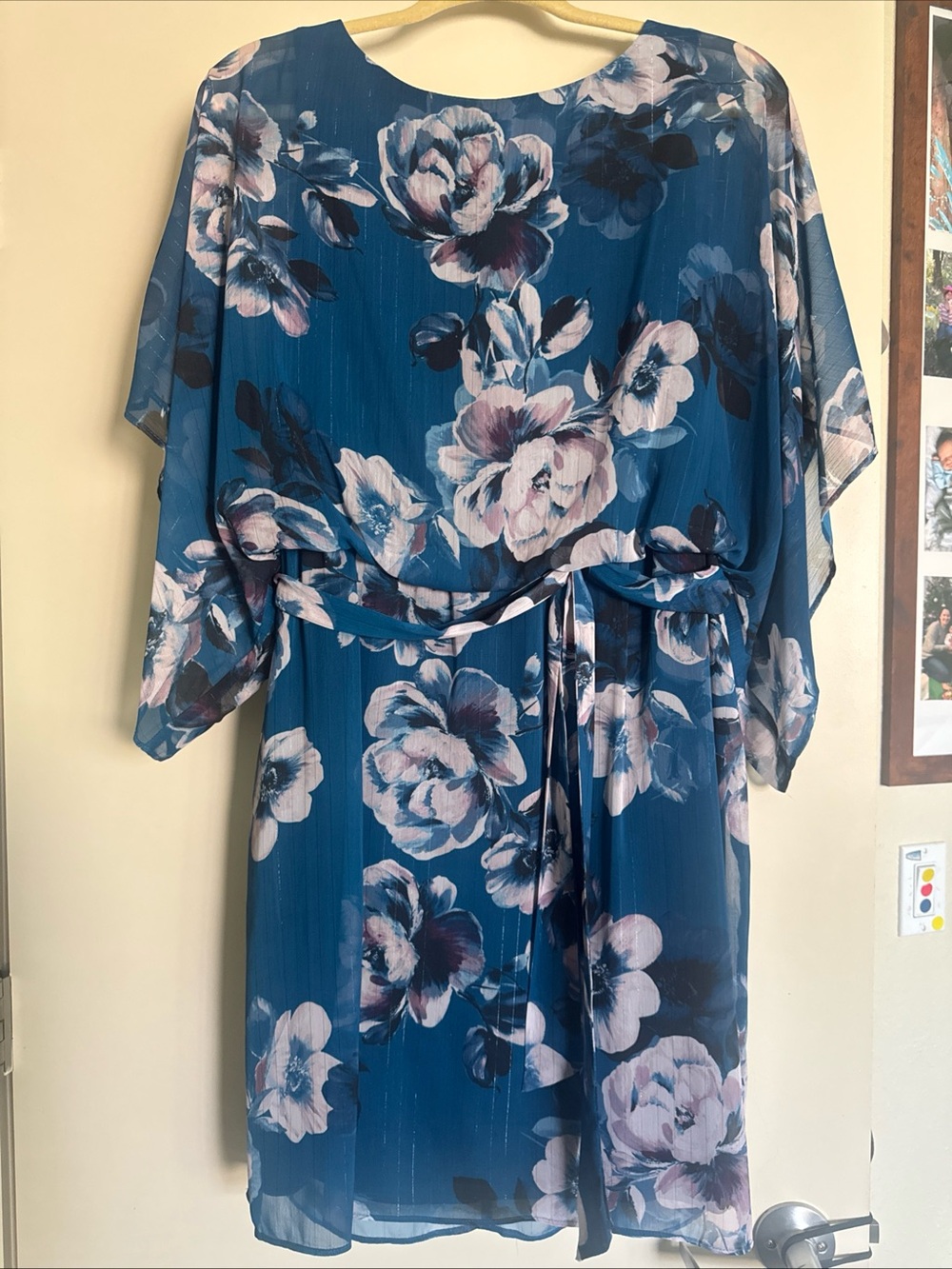 Jessica Howard Teal Blue Floral Belted Midi Dress 3/4 Sleeves Women's 12